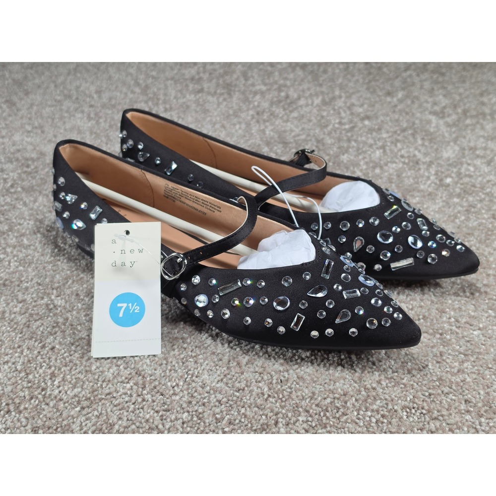 A New Day Gabriella Rhinestone Mary Jane Flats Jet Black Pointed Toe Shoes 7.5